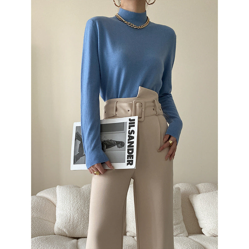 Damen Langarmoberteil Höherer Kragen Rippstruktur Beige - Norvielle