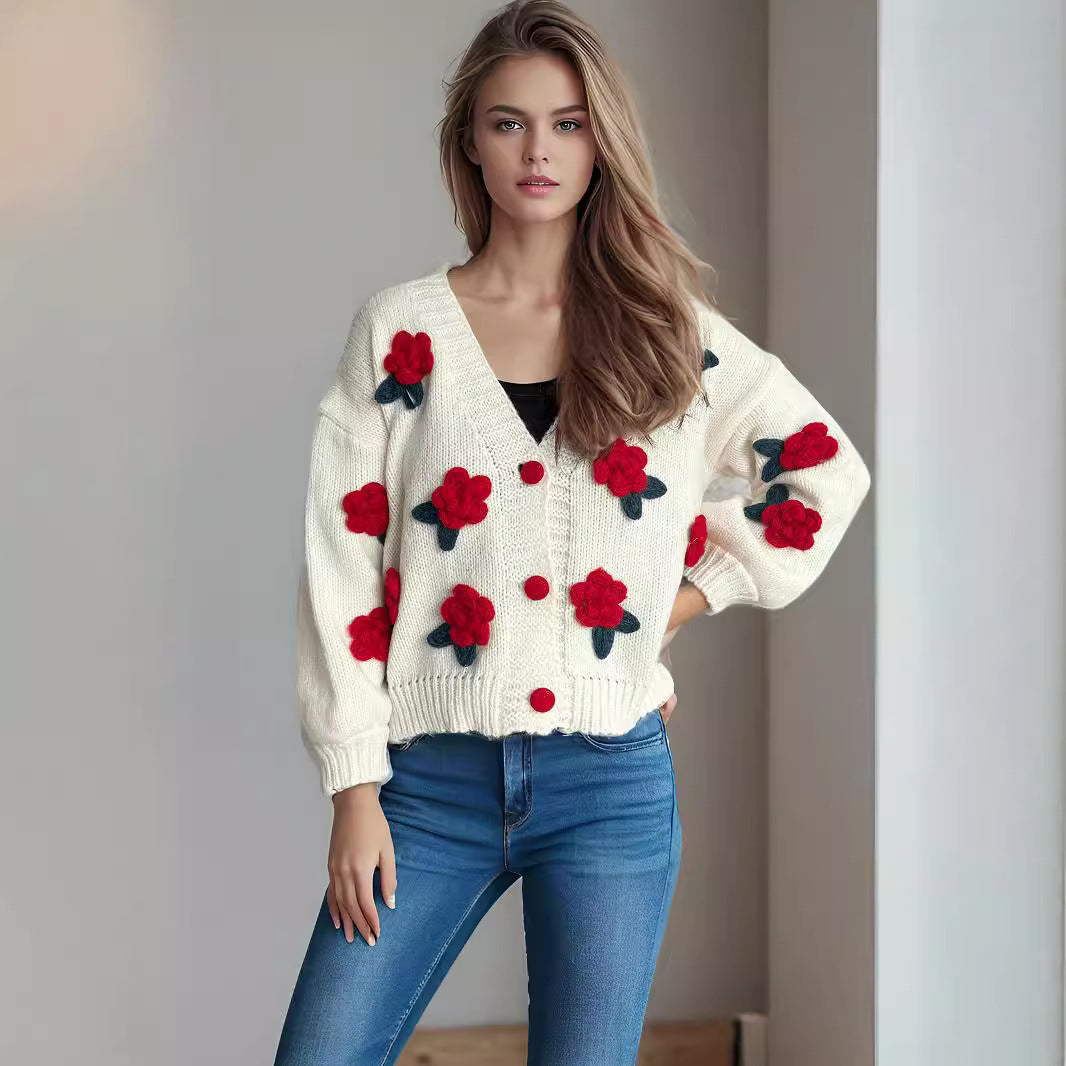 Damen Strickjacke Kuschelig Florales 3D-Design Große Knöpfe Norvielle