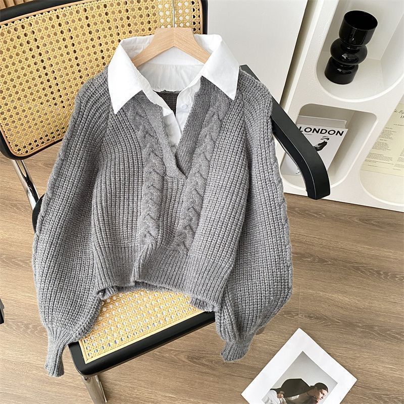 Damen Strickpullover V-Ausschnitt Zopfmuster Norvielle