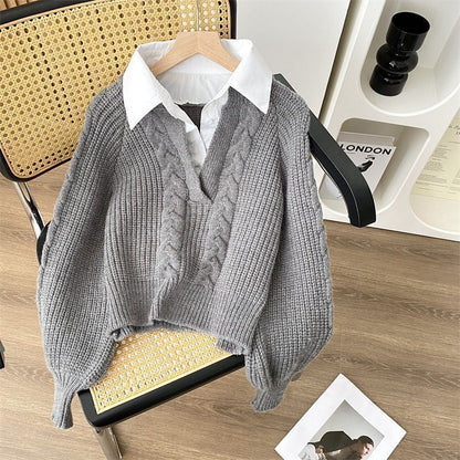 Damen Strickpullover V-Ausschnitt Zopfmuster Norvielle