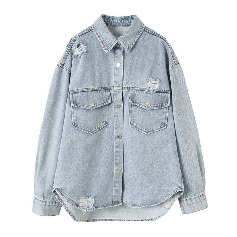 Damen Jeansjacke Used Look Große Taschen Norvielle