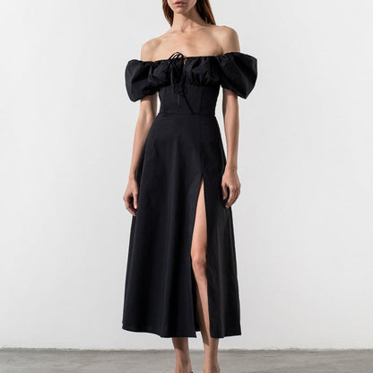 Damen Maxikleid Schulterfrei Puffärmel Norvielle