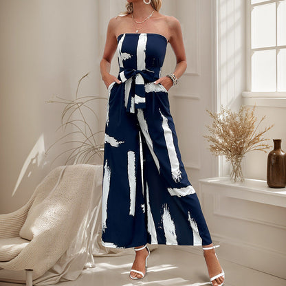 Damen Jumpsuit Schulterfrei Weites Bein Bindegürtel Norvielle - Norvielle