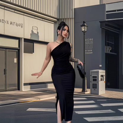 Damen Maxikleid Elegantes One-Shoulder-Design Figurbetont Seiden