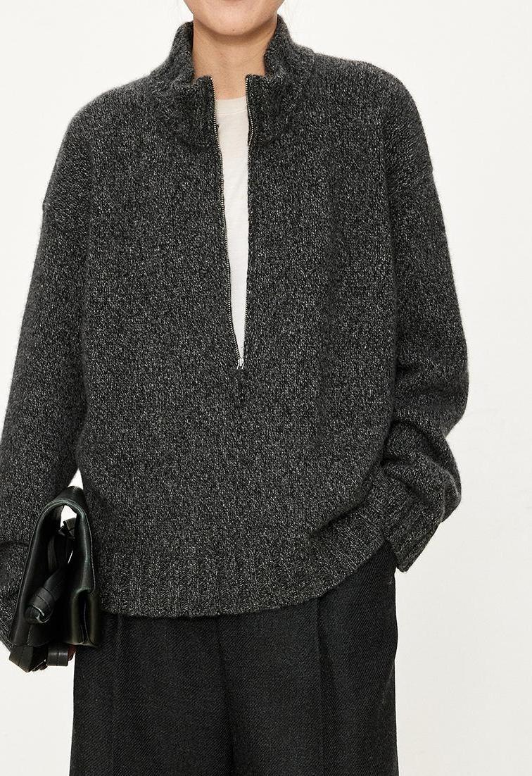 Damen Grobstrickpullover Norvielle Hochkragen Halbzipper