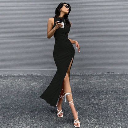 Damen Maxikleid Hochschlitz Rüschendesign Elegantes Abendkleid