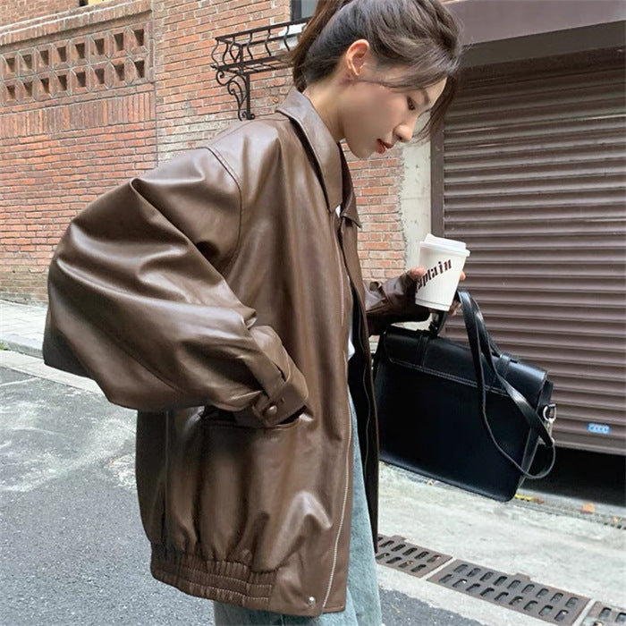 Damen Lederjacke Oversized Ärmel Elastischer Saum Norvielle