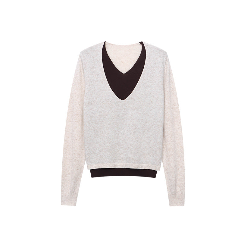 Damen Pullover V-Ausschnitt Weiches Material Feine Rippstruktur Beige