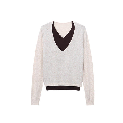 Damen Pullover V-Ausschnitt Weiches Material Feine Rippstruktur Beige