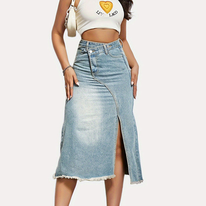 Damen Denim-Rock Asymmetrischer Schlitz Fransiger Saum Blau - Norvielle