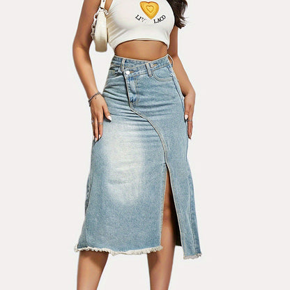 Damen Denim-Rock Asymmetrischer Schlitz Fransiger Saum Blau - Norvielle