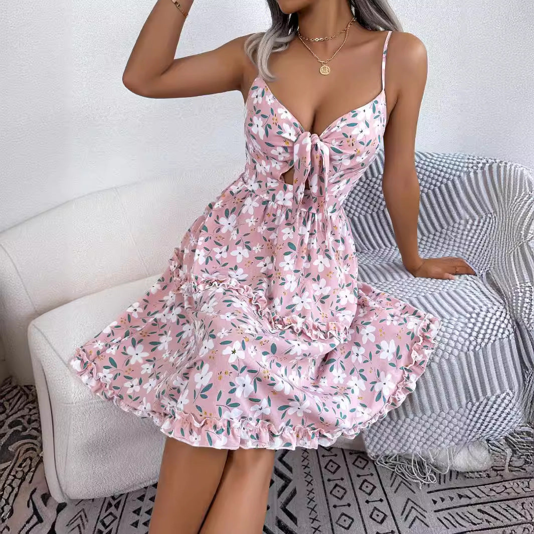 Damen Retro-Kleid Sommer florales Print Cut-Out-Detail Norvielle