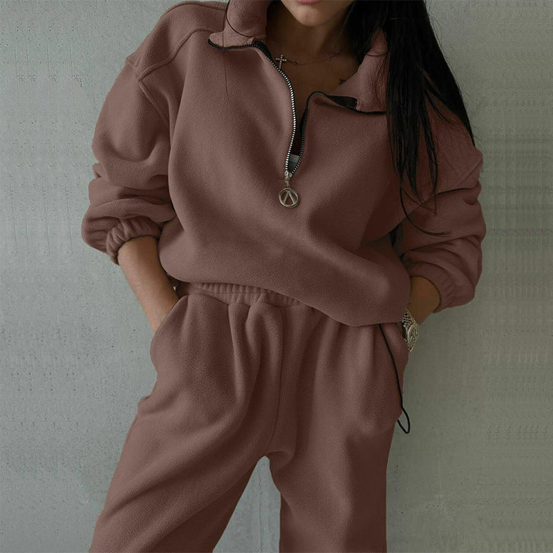 Damen Fleece-Loungewear-Set Elastischer Bund Halbzipper Beige