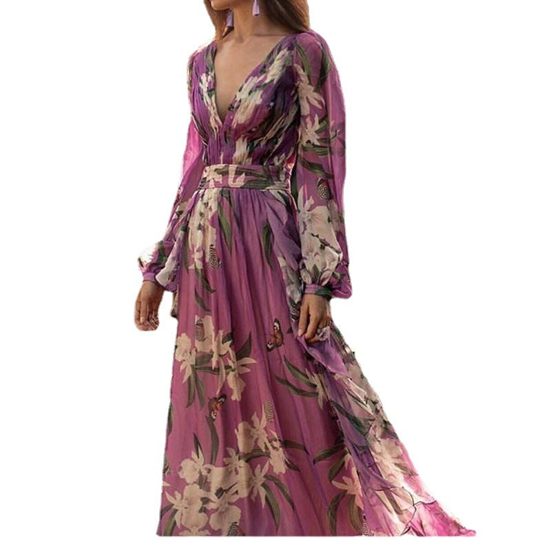 Damen Maxi-Kleid Florales Muster Voluminöse Ärmel