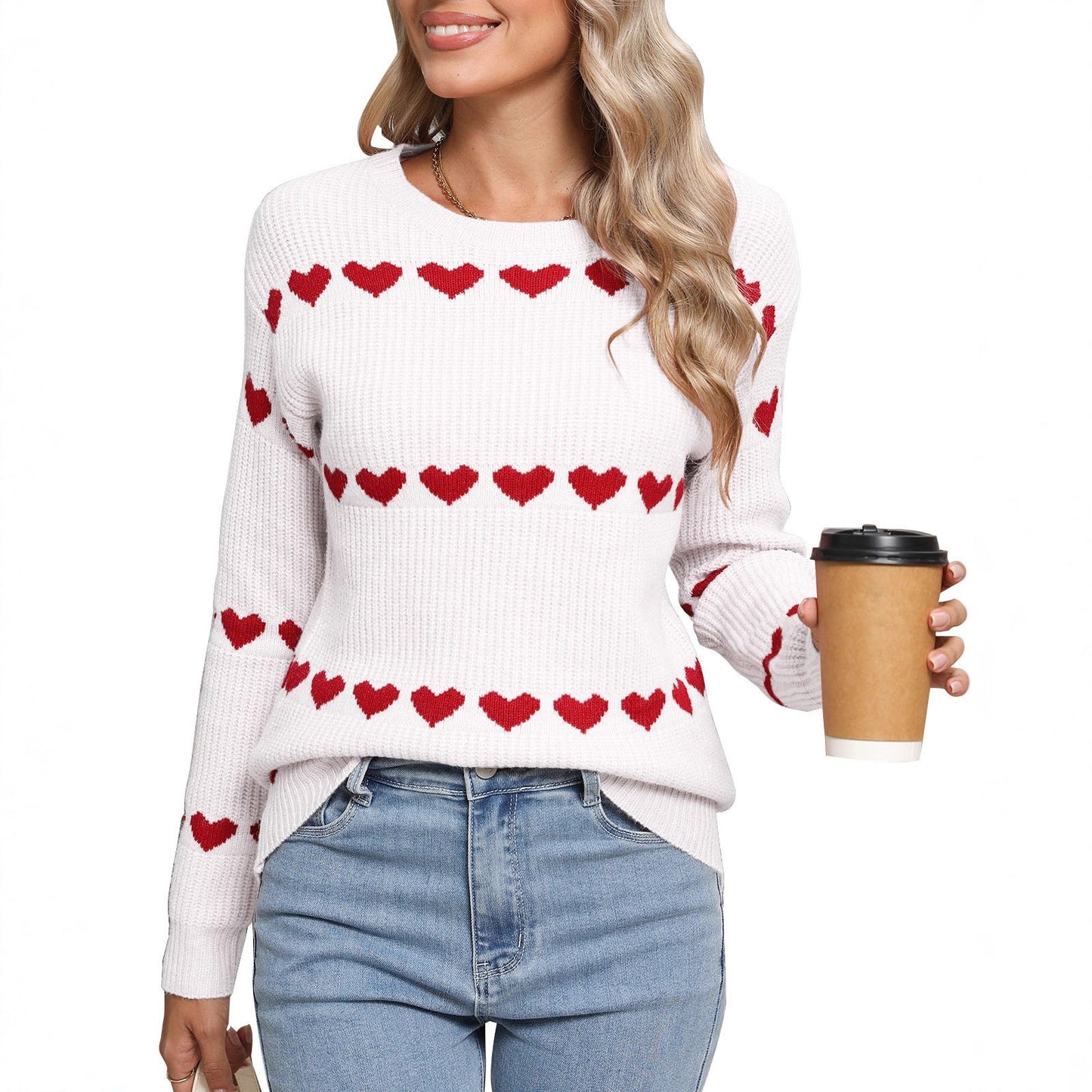 Damen Strickpullover Herzmuster