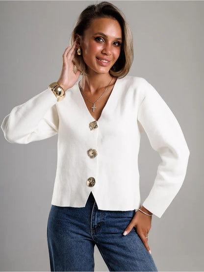 Damen Strickjacke V-Ausschnitt Goldknöpfe Norvielle