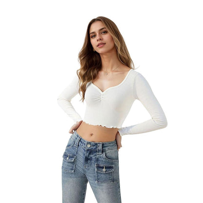 Damen Langarmshirt Rüschensaum Cropped Grün