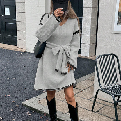 Damen Strickkleid Gürtel V-Ausschnitt Norvielle