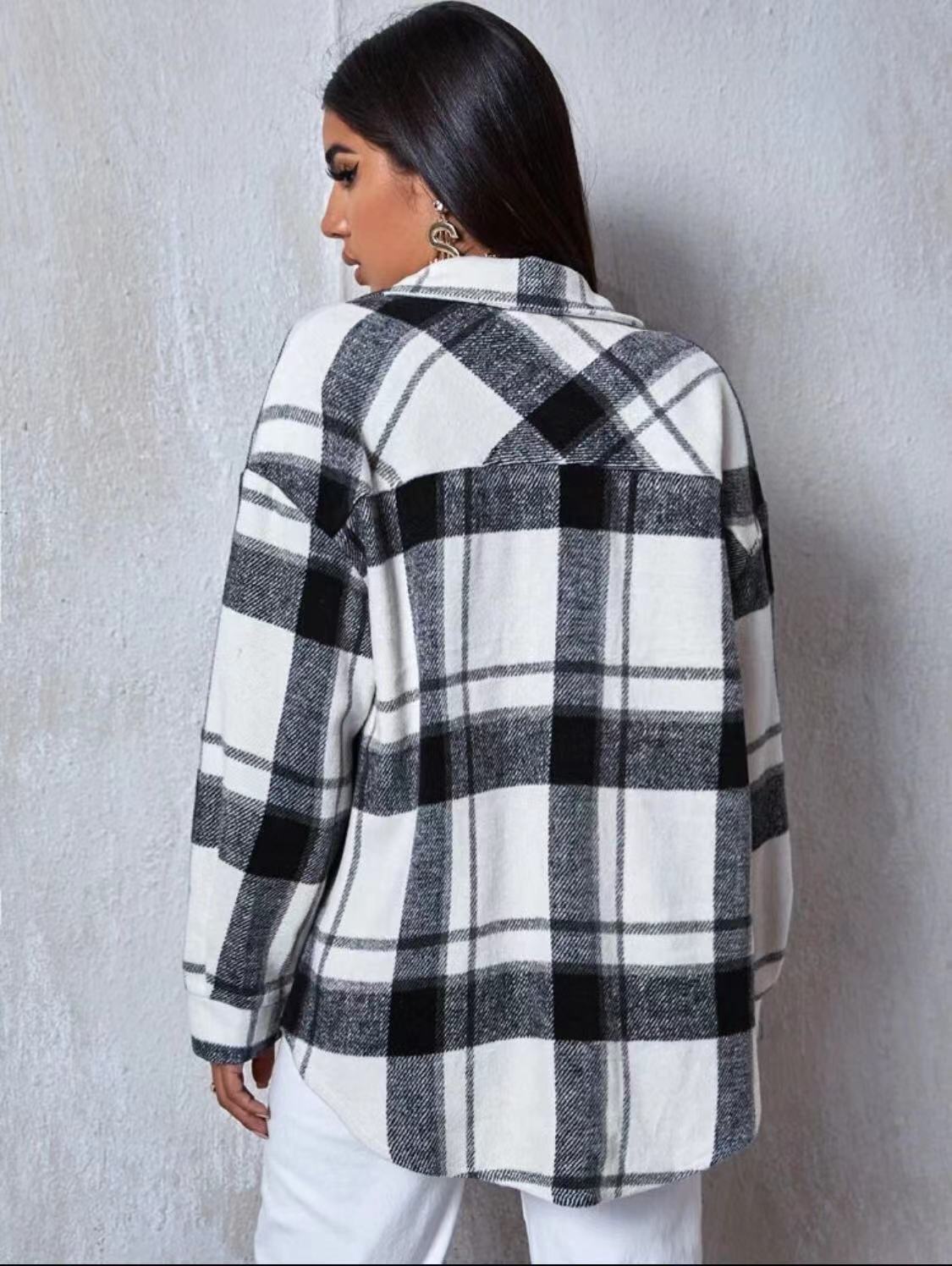 Damen Hemdjacke Karo Weiches Fleece Lässiger Schnitt