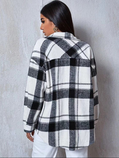 Damen Hemdjacke Karo Weiches Fleece Lässiger Schnitt