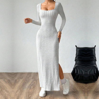 Damen Maxi-Kleid Rippenstrick Schlitz Norvielle