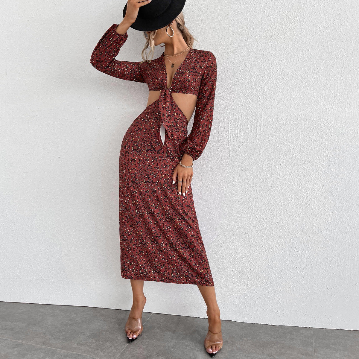 Damen Maxikleid Cut-Outs Verspielter Knoten Schwarz - Norvielle