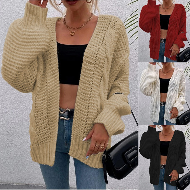 Damen Grobstrick-Cardigan Offene Taschen Lässiger Schnitt Beige - Norvielle