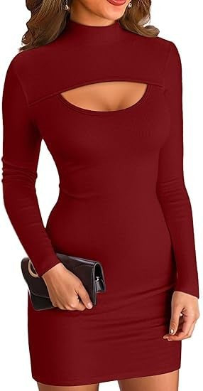 Damen Minikleid Figurbetont Cut-Out Ausschnitt Hochgeschlossen