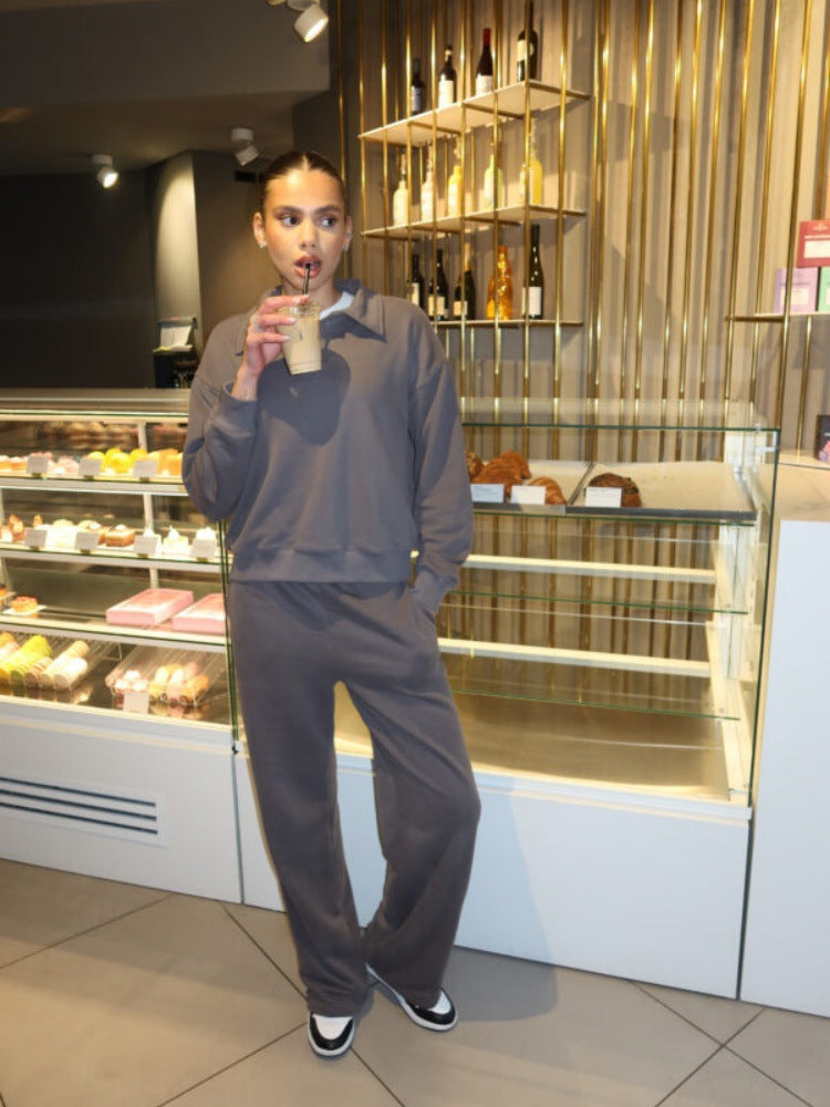 Damen Fleece-Anzug mit Polo-Kragen und geraden Hosen Weich Norvielle