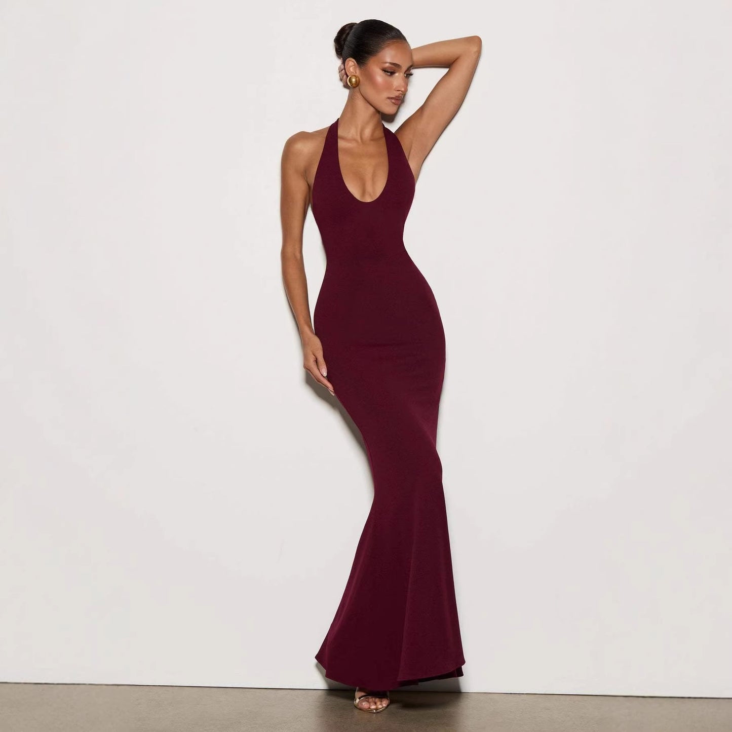 Damen Elegantes Bodenkleid V-Ausschnitt Figurbetonter Stoff