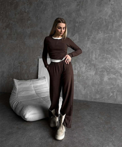 Damen Zwei-teiliges Outfit mit Kragen und weiten Hosen Norvielle