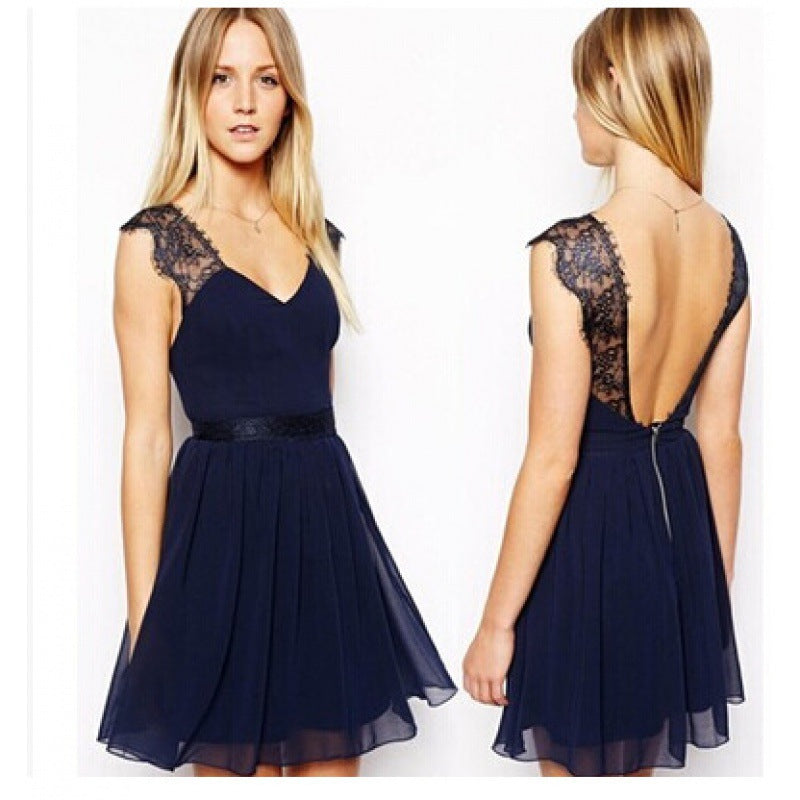 Damen Chiffon-Kleid V-Ausschnitt Spitzenverzierung Elegant