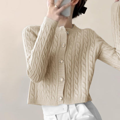 Damen Grobstrickjacke Knopfverschluss Zopfmuster Beige