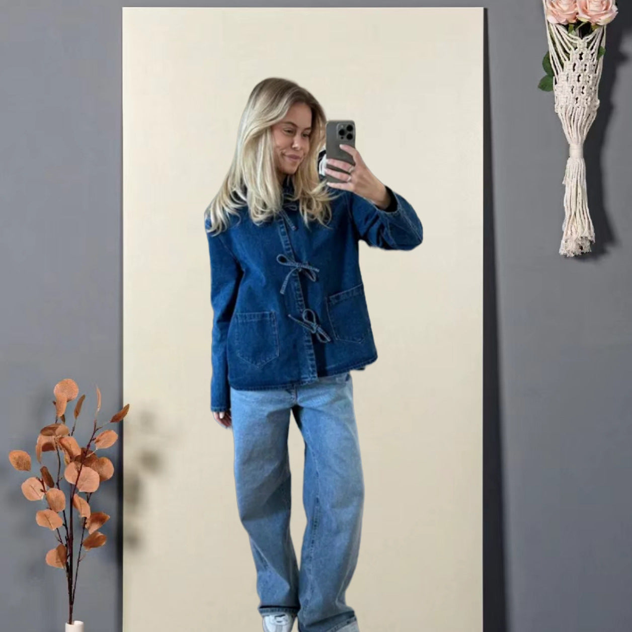 Damen Jeansjacke Dekorative Schleifen Praktische Taschen