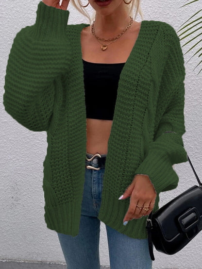 Damen Grobstrick-Cardigan Offene Taschen Lässiger Schnitt Beige