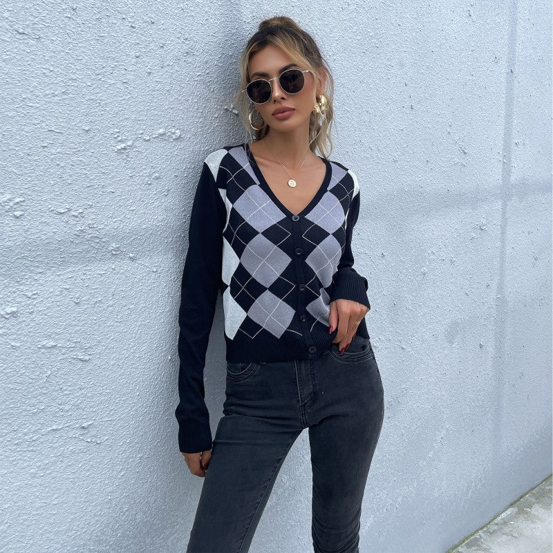 Damen Strickjacke V-Ausschnitt Karomuster Norvielle