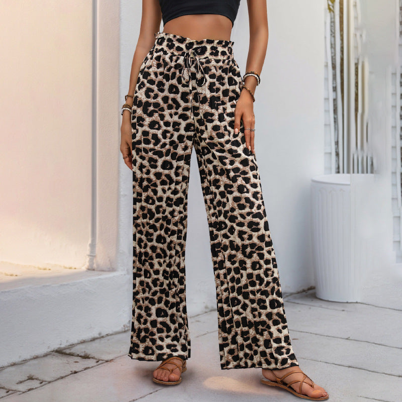 Damen Leinenhose Weit mit Elastikbund Leopardenmuster Beige