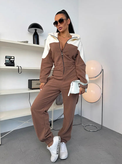 Damen Fleece-Overall mit Kapuze und Reißverschluss