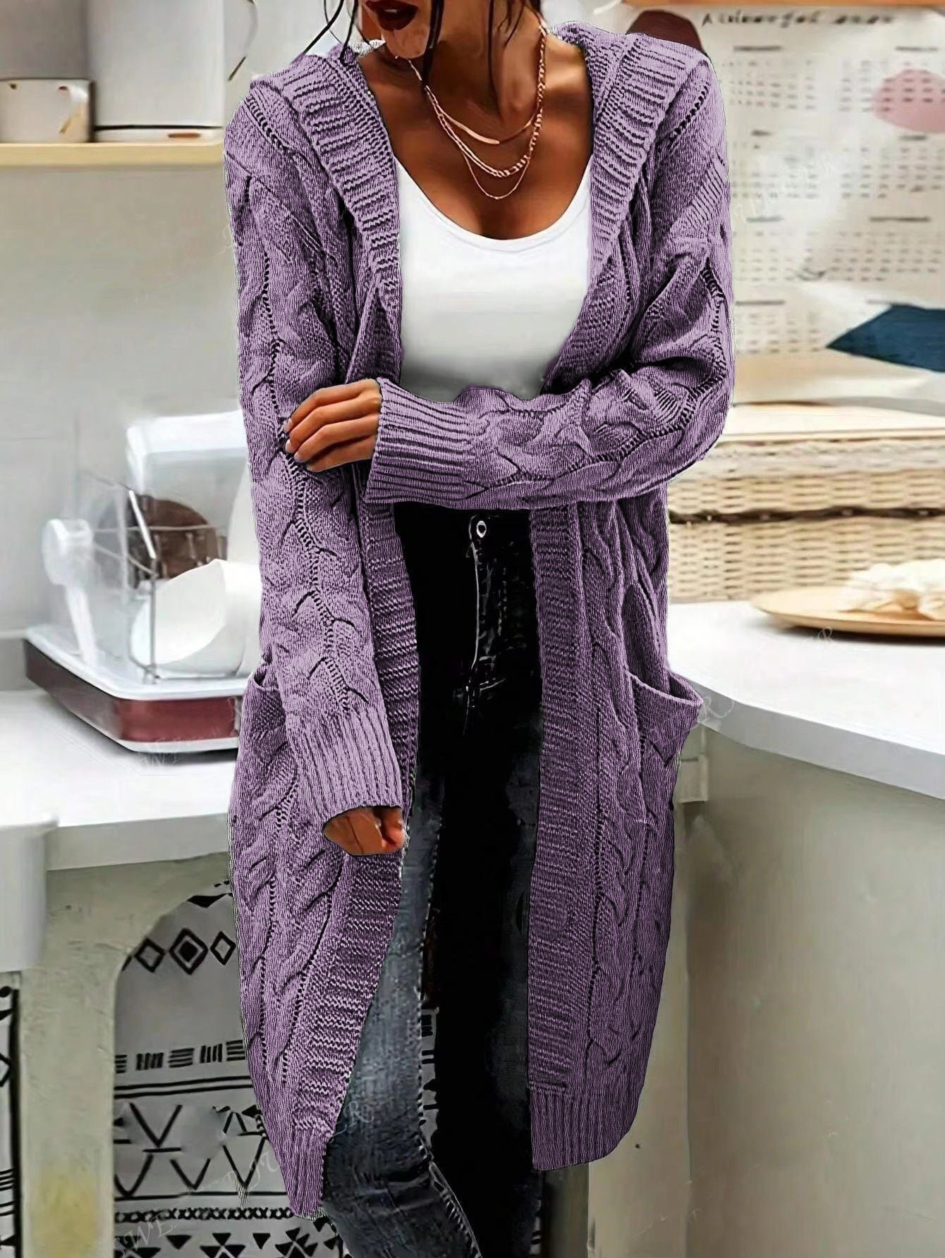 Damen Cardigan Grosstrick Kabelmuster Beige