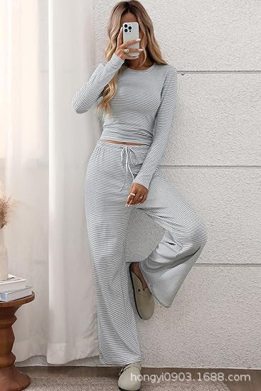 Damen Longsleeve Freizeit-Set Weites Norvielle Oberteil und Hose