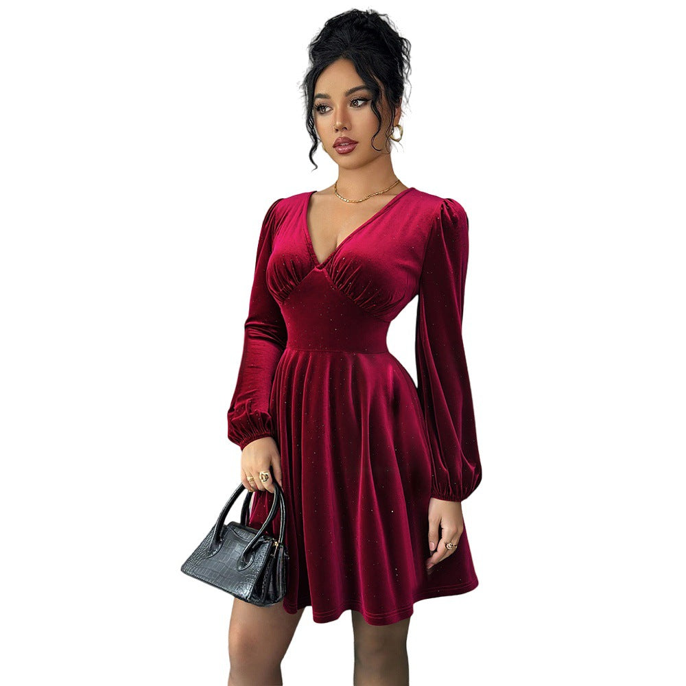 Damen Kleid Kurzarm Puffärmel V-Ausschnitt Norvielle