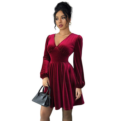 Damen Kleid Kurzarm Puffärmel V-Ausschnitt Norvielle