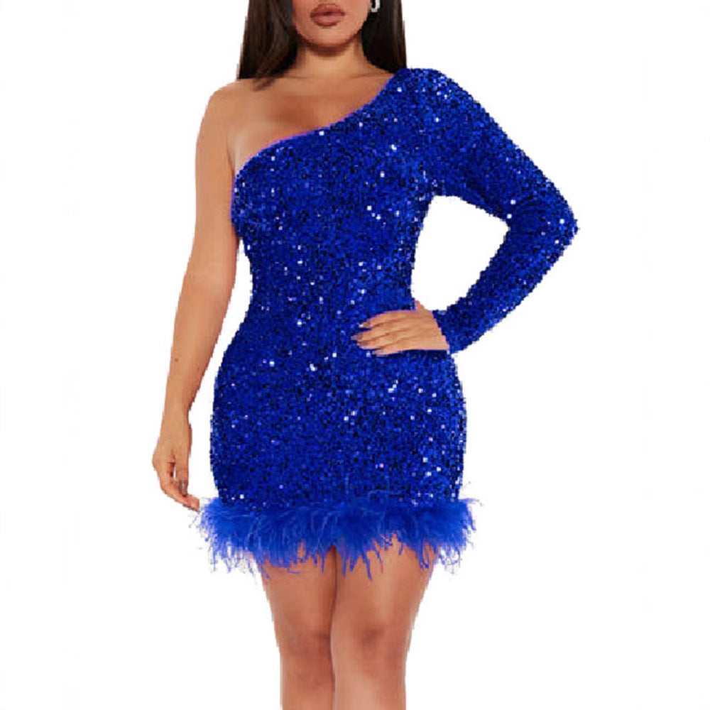 Damen Partykleid Asymmetrisch Mit Federn Glitzernd