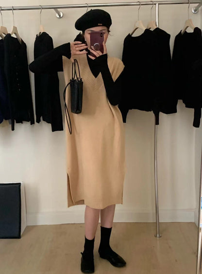 Damen Strickkleid V-Ausschnitt Seitenschlitz Norvielle