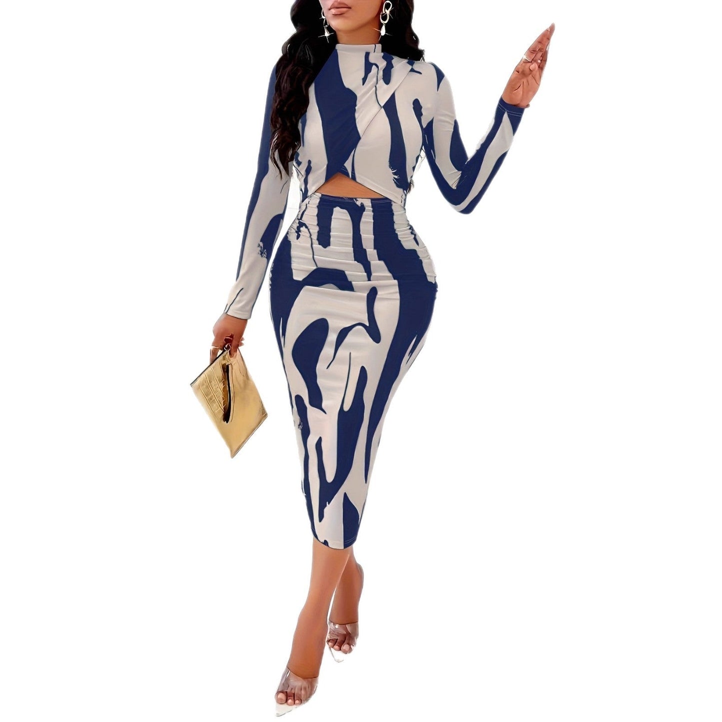 Damen Midi-Kleid Figurbetont Cut-Out-Details Langer Arm