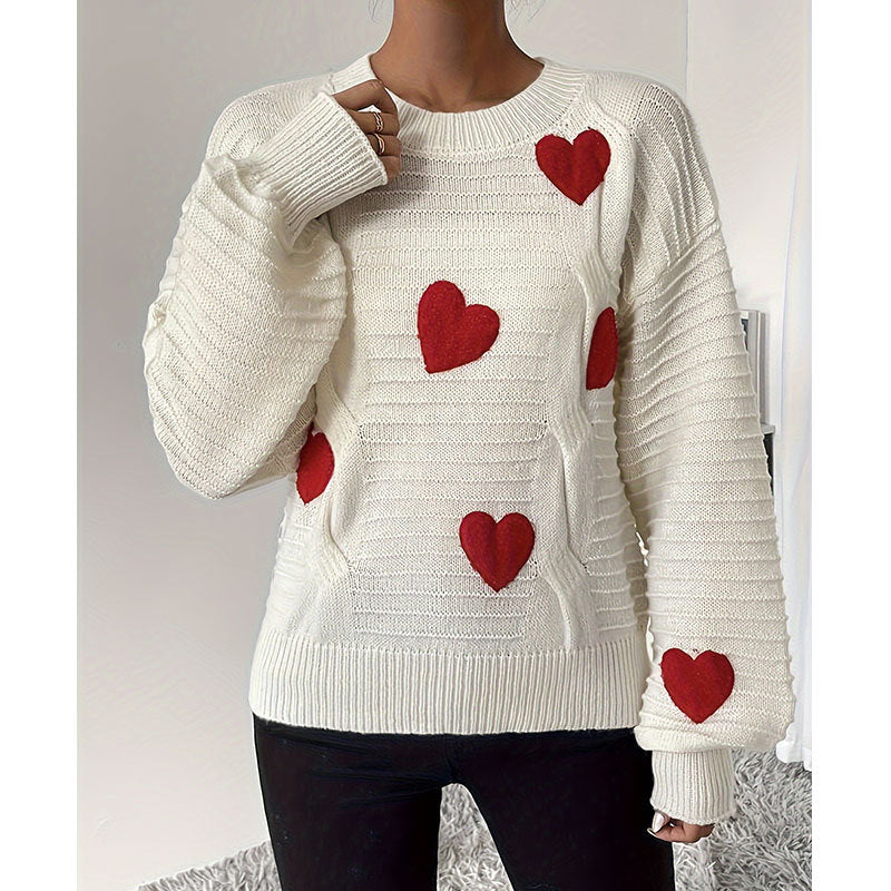 Damen Strickpullover Herz-Applikation Modernes Design