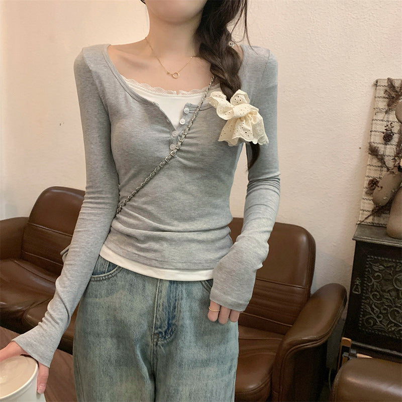 Damen Langarmshirt Knopfverschluss Schleifendetail Norvielle - Norvielle