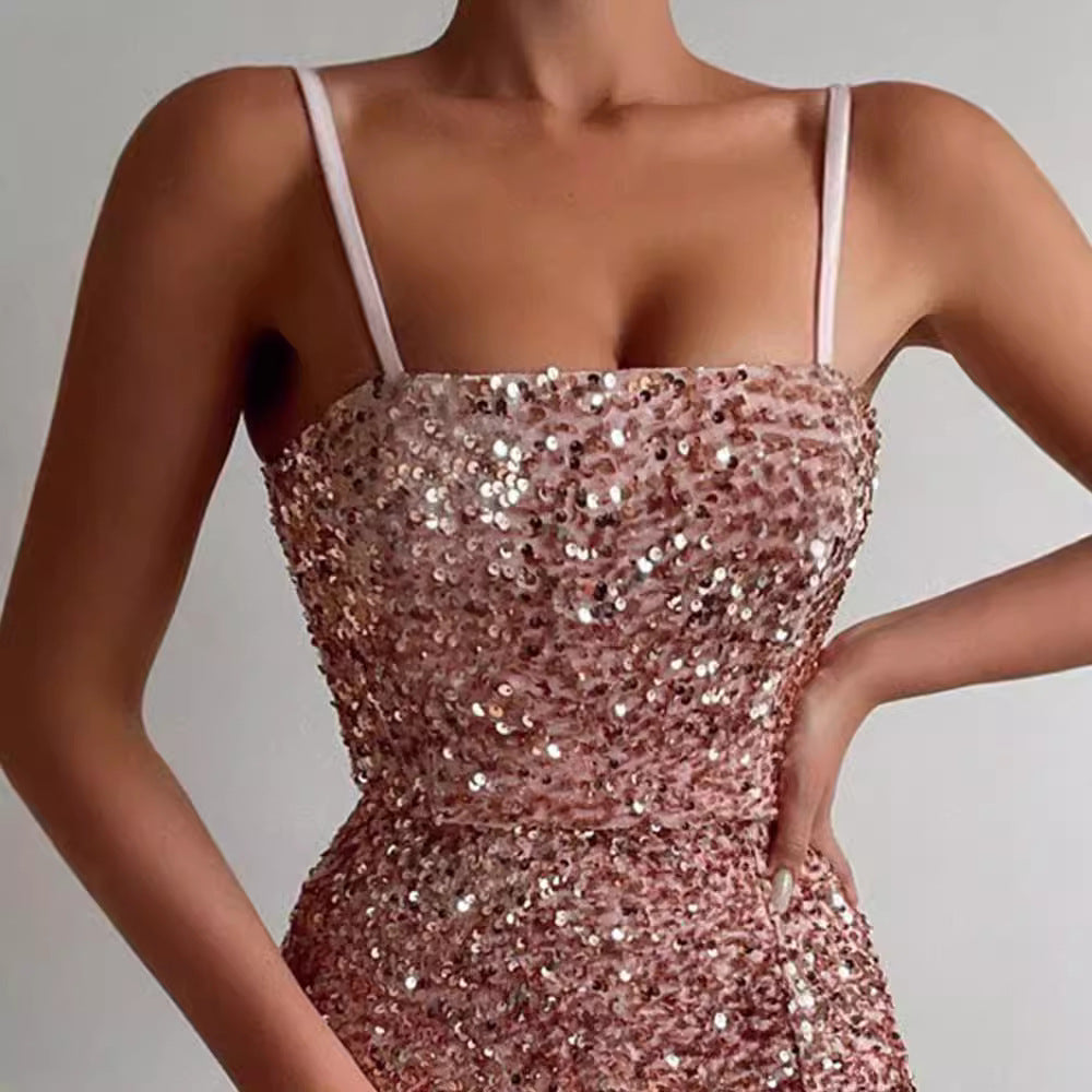 Damen Pailletten-Kleid mit Schlitzen und Spaghetti-Trägern Norvielle