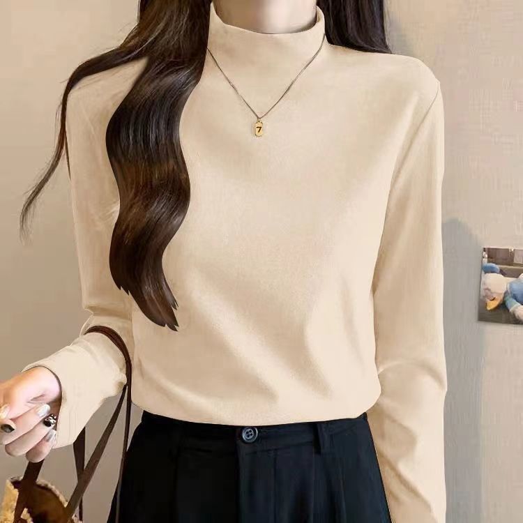 Damen Langarmshirt Hochgeschlossener Kragen Feine Struktur Beige