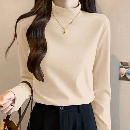 Damen Langarmshirt Hochgeschlossener Kragen Feine Struktur Beige